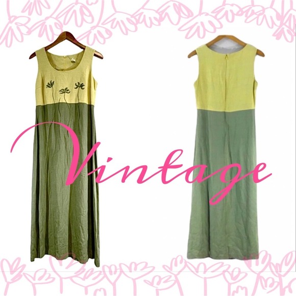 Vintage Light Green & Citron Palm Tree Embroidered Sleeveless Maxi Dress SZ 6 - Picture 5 of 10